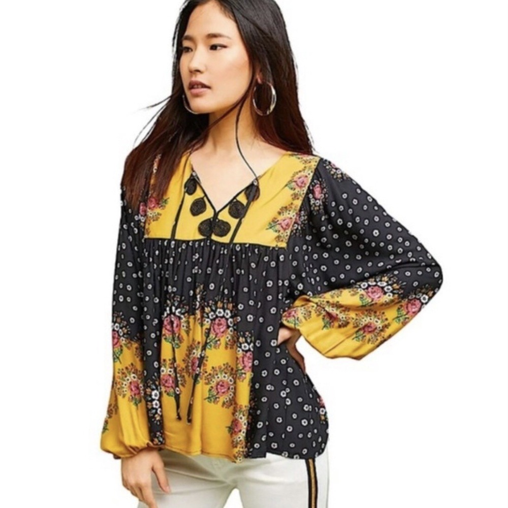 Anthropologie Farm Rio Boho Floral Women's XS Gorgeous Ballon Sleeve Top AS IS